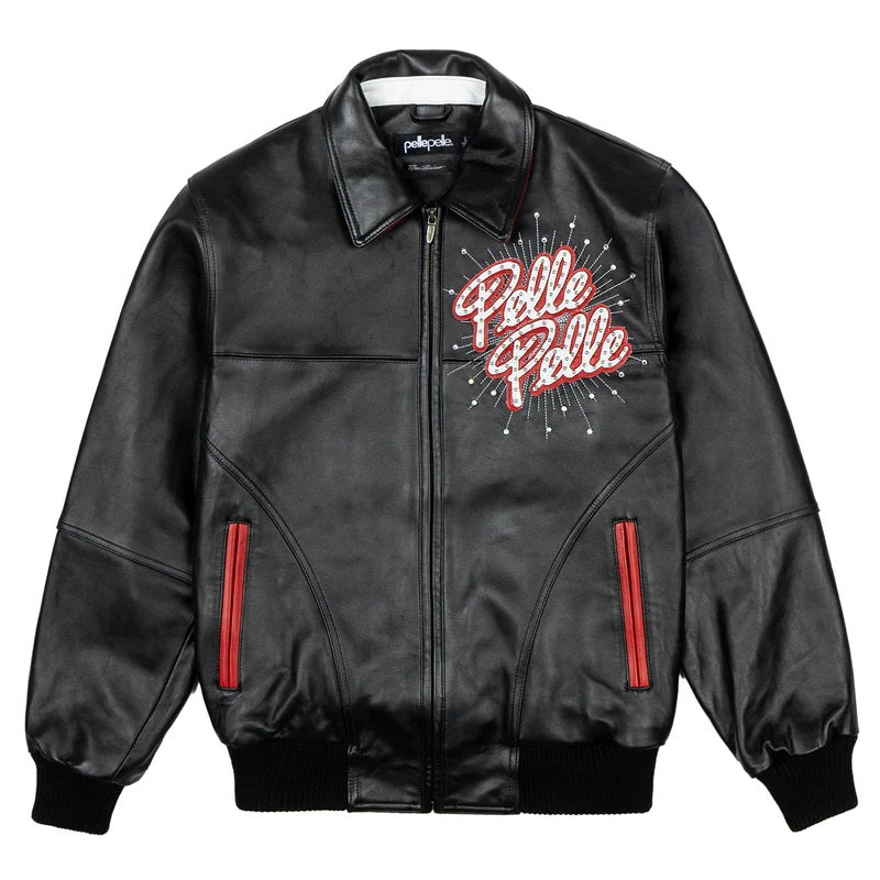 Men's Black Premium Cowhide Leather Jacket – Pelle Pelle Style with Red Trim & Embroidered Logo