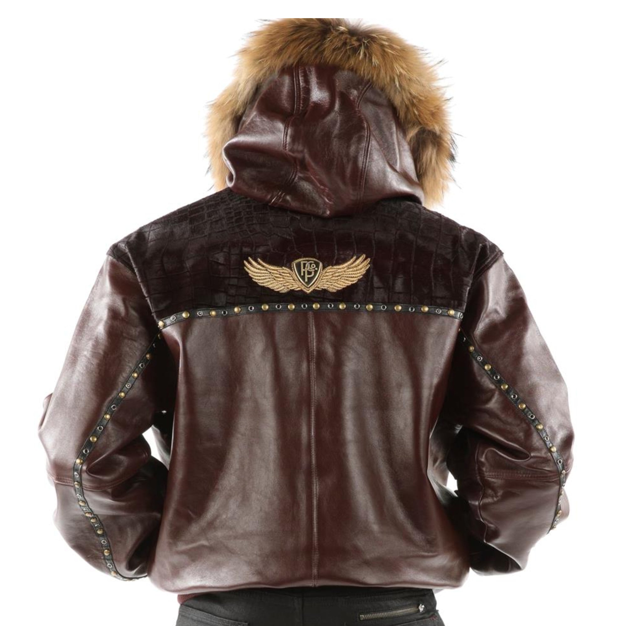 Premium Brown Pelle Pelle Cowhide Leather Jacket for Men | Fur Collar Bomber Style with Rivet Detailing and Full Zipper