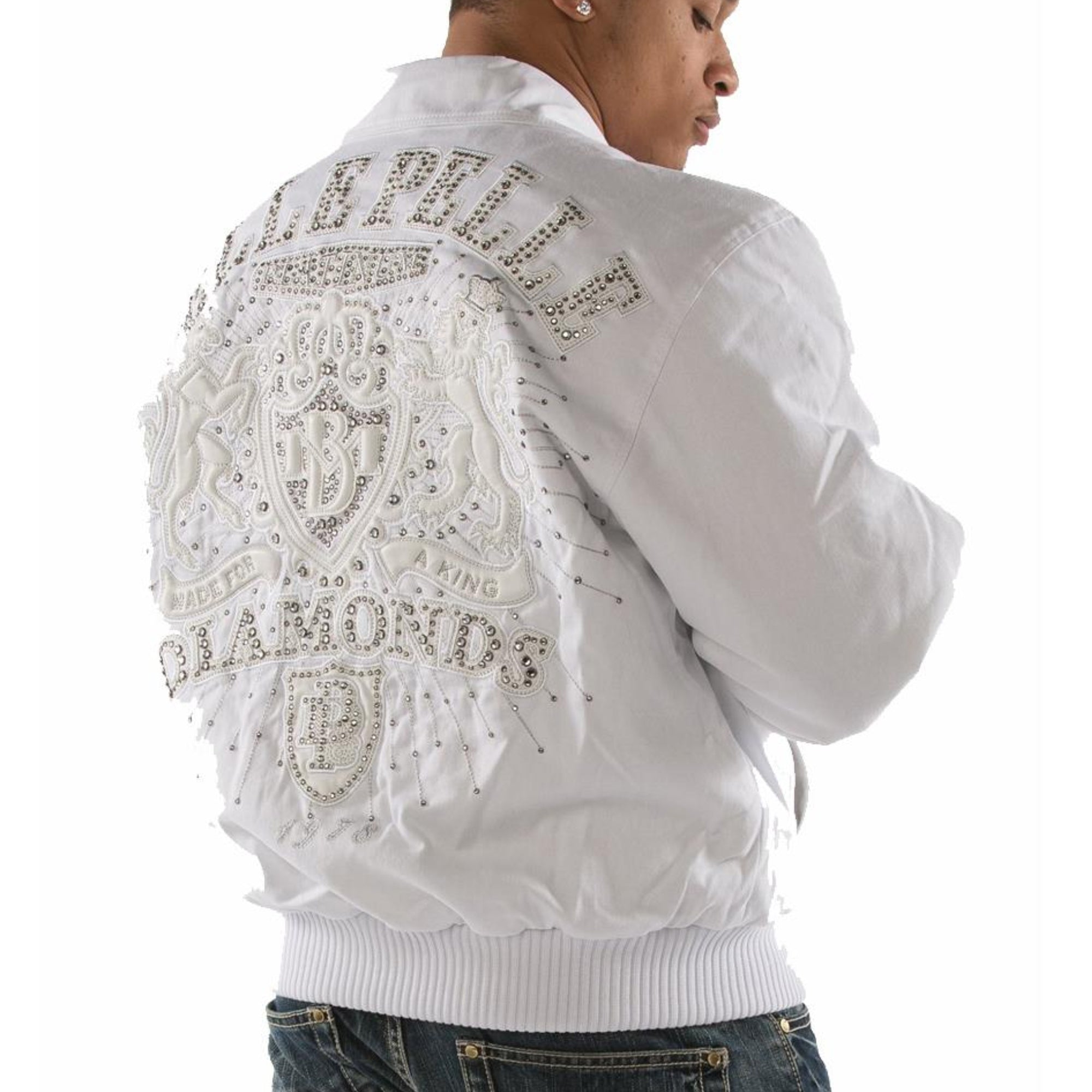 Premium Pelle Pelle White Cowhide Leather Jacket for Men | Stylish Embroidered Logo Design with Zip Closure