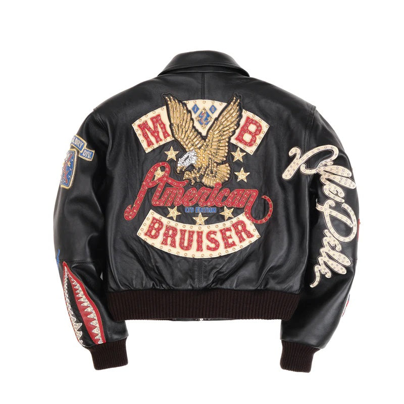 Black Embroidered Bomber Jacket for Women – Premium Cowhide Leather with Pelle Pelle Style Badges & Street Patchwork