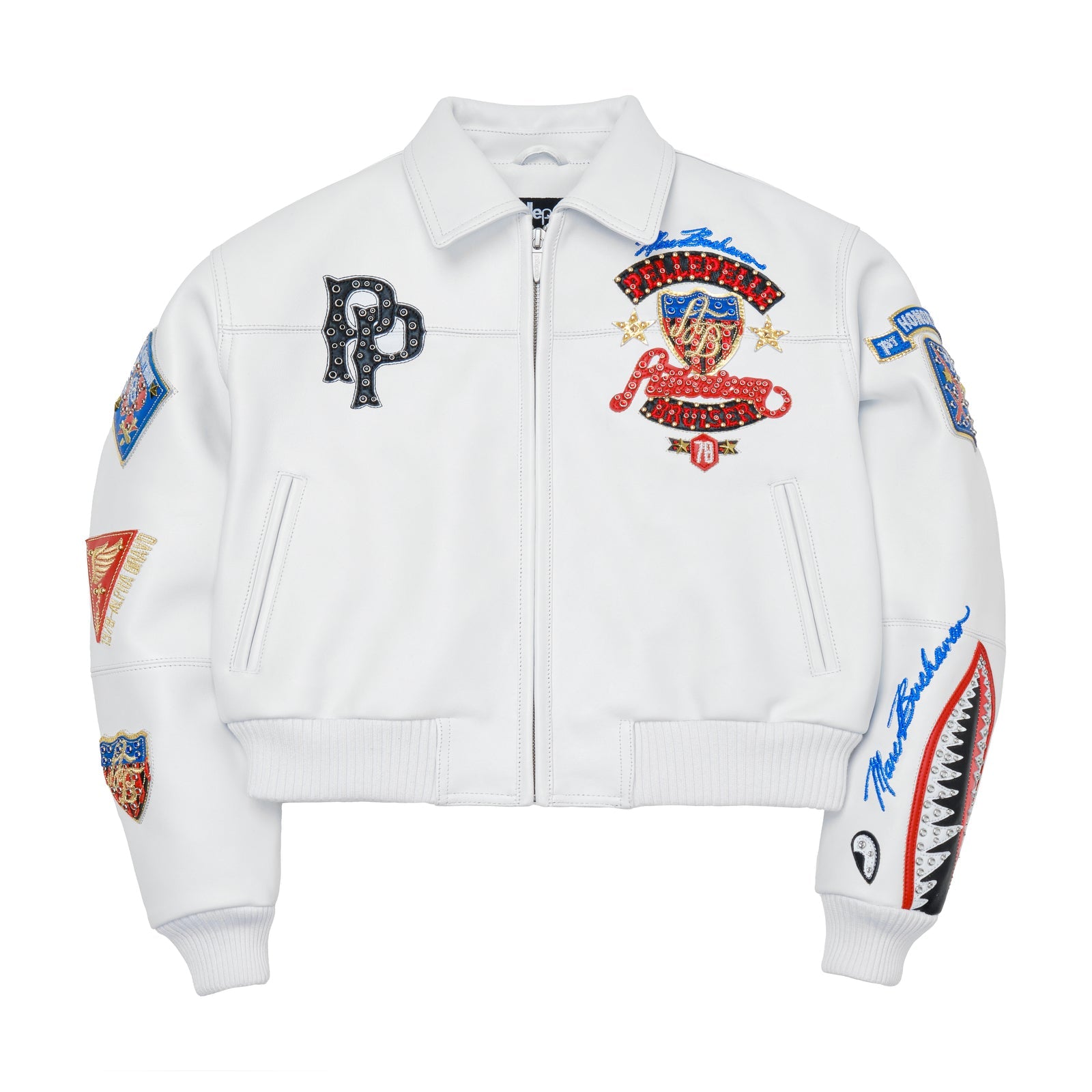 Pelle Pelle White Cowhide Leather Bomber Jacket for Women – Embroidered Varsity Style