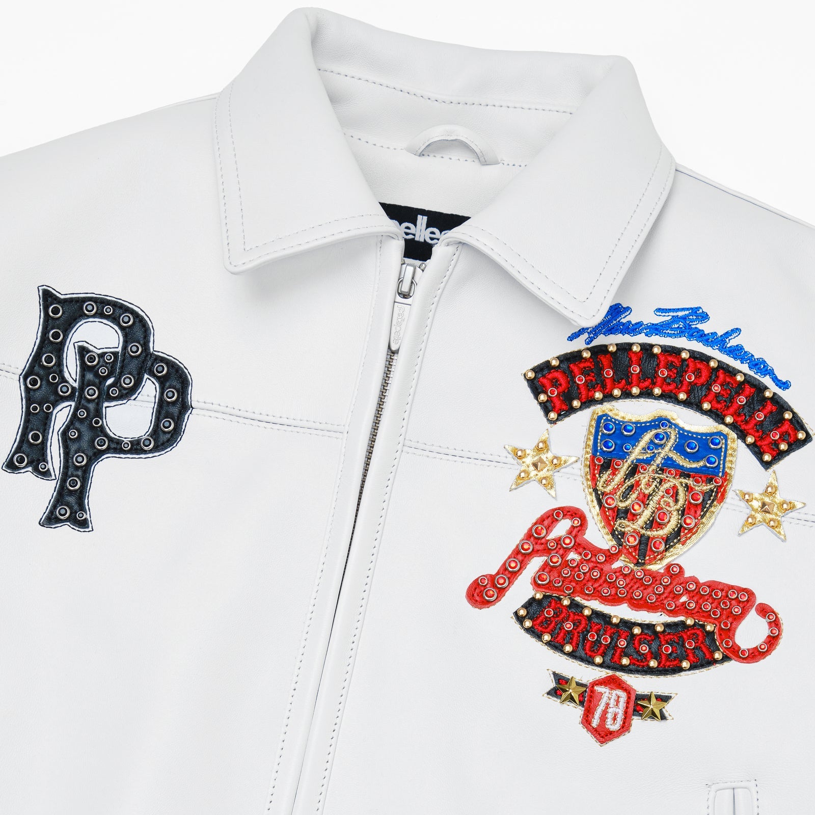 Pelle Pelle White Cowhide Leather Bomber Jacket for Women – Embroidered Varsity Style
