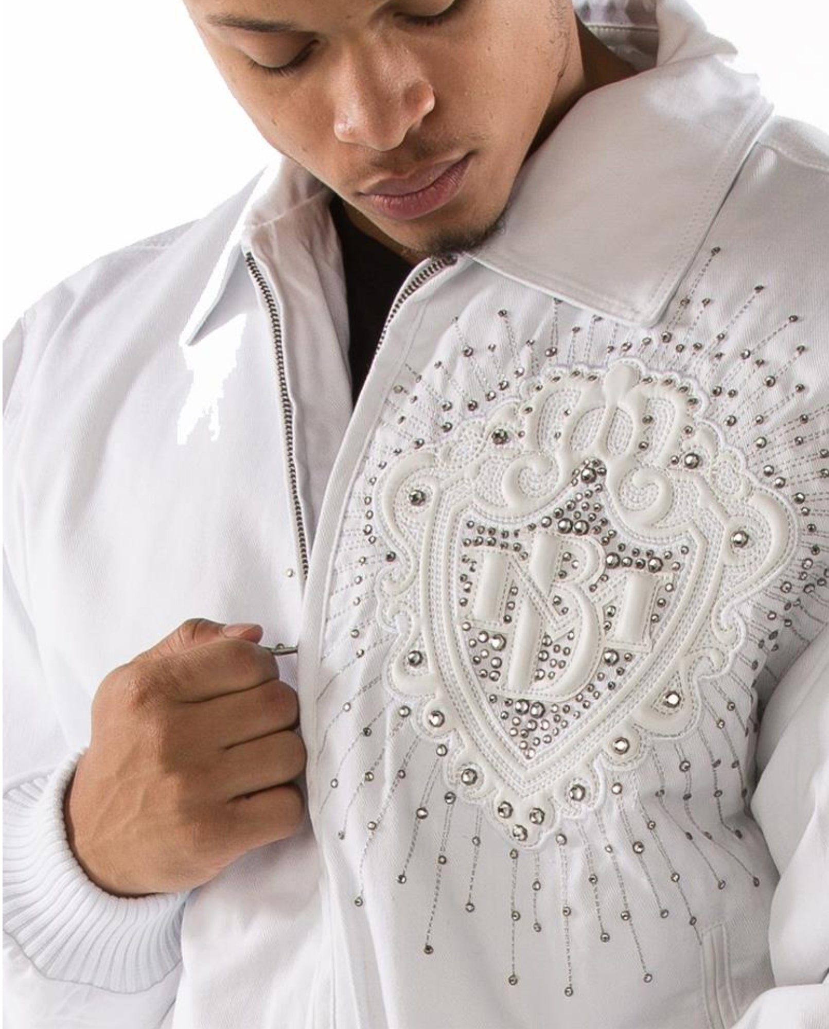 Premium Pelle Pelle White Cowhide Leather Jacket for Men | Stylish Embroidered Logo Design with Zip Closure