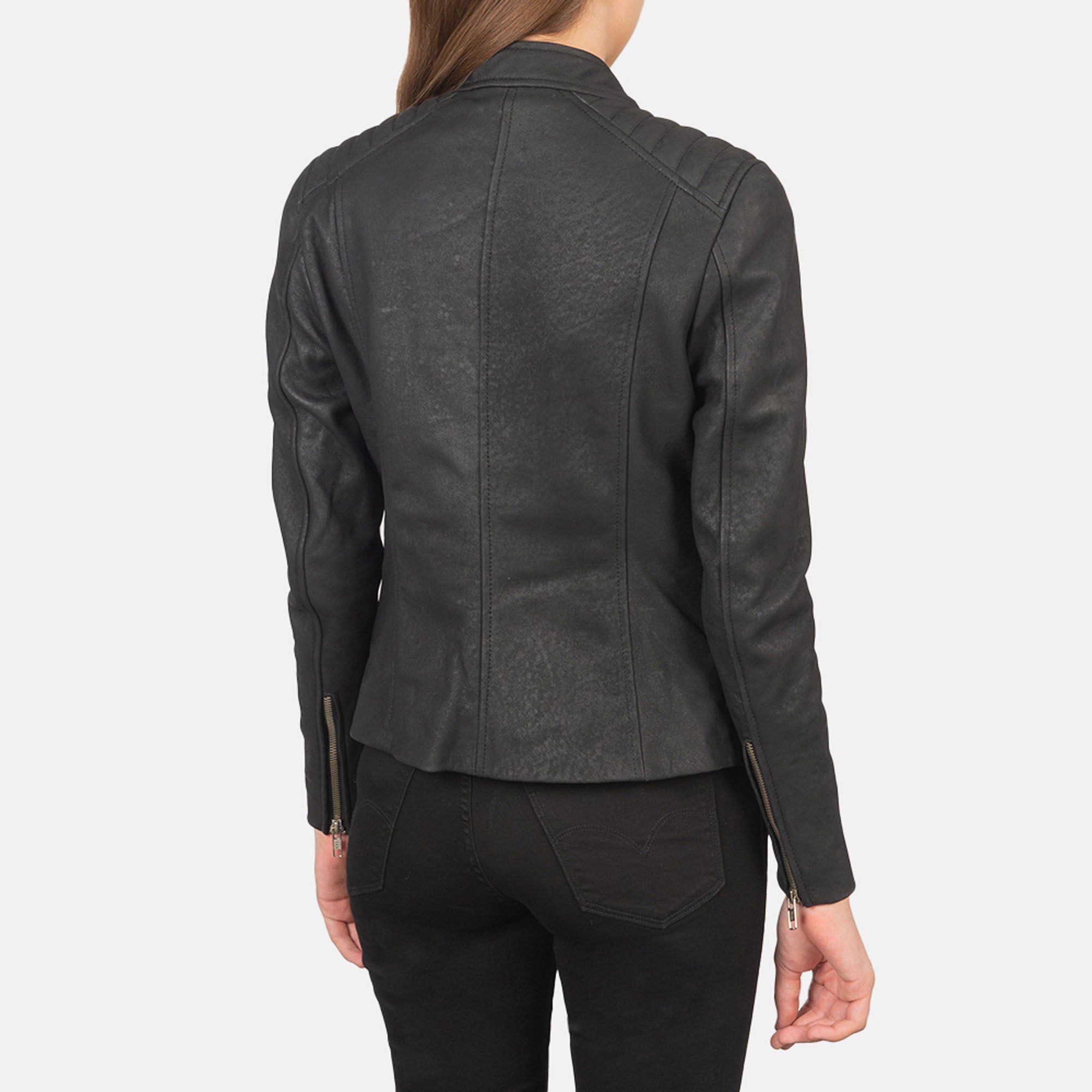 Kelsee Distressed Black Leather Biker Jacket