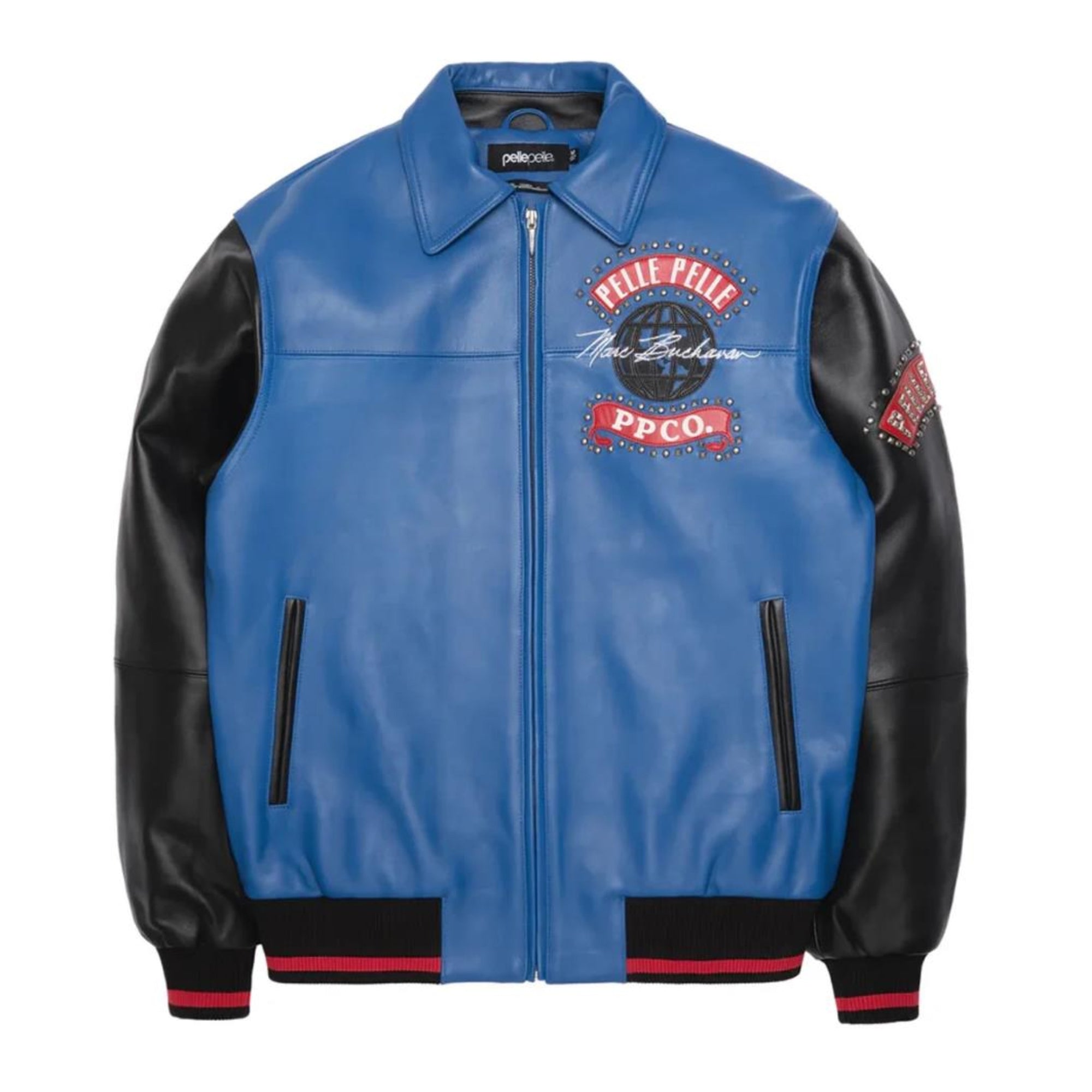 Premium Pelle Pelle Men’s Blue and Black Cowhide Leather Jacket | Bold Logo Patch with Modern Streetwear Design