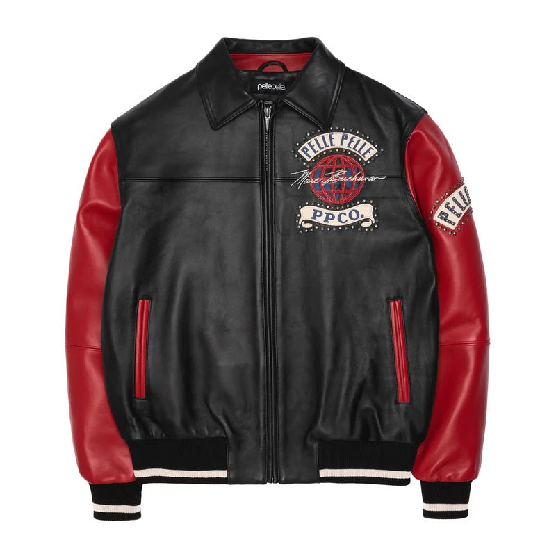 Men’s Premium Black & Red Cowhide Leather Jacket – Pelle Pelle Globe Logo & Studded Patch