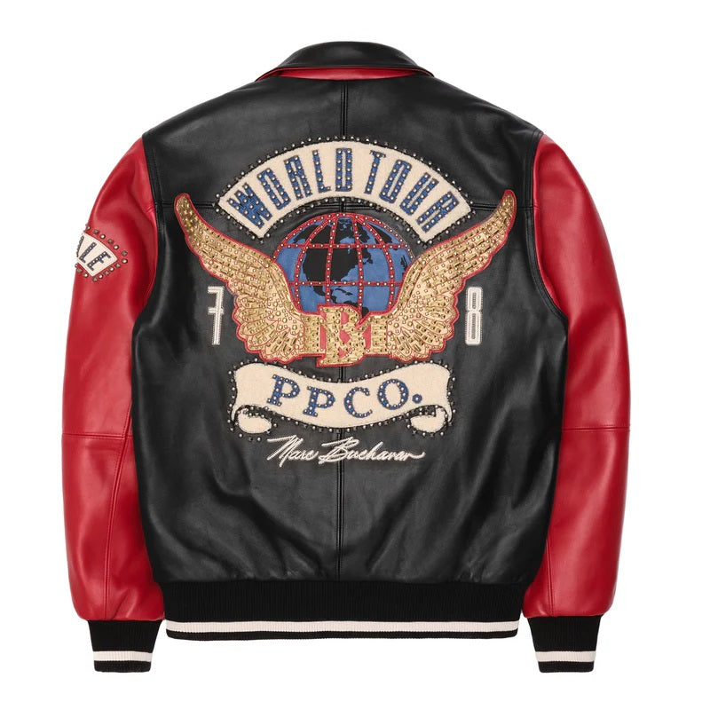 Men’s Premium Black & Red Cowhide Leather Jacket – Pelle Pelle Globe Logo & Studded Patch