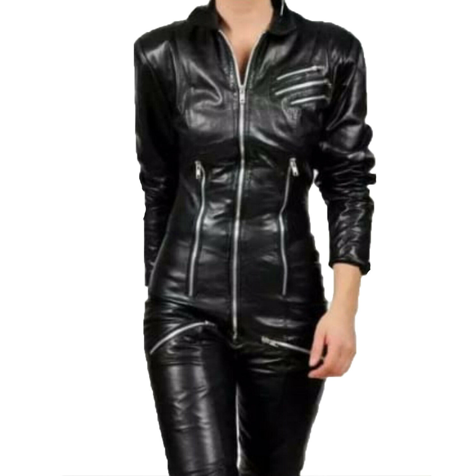 Real Black leather catsuit for women leather jumpsuit 2 way zipper sexy dress