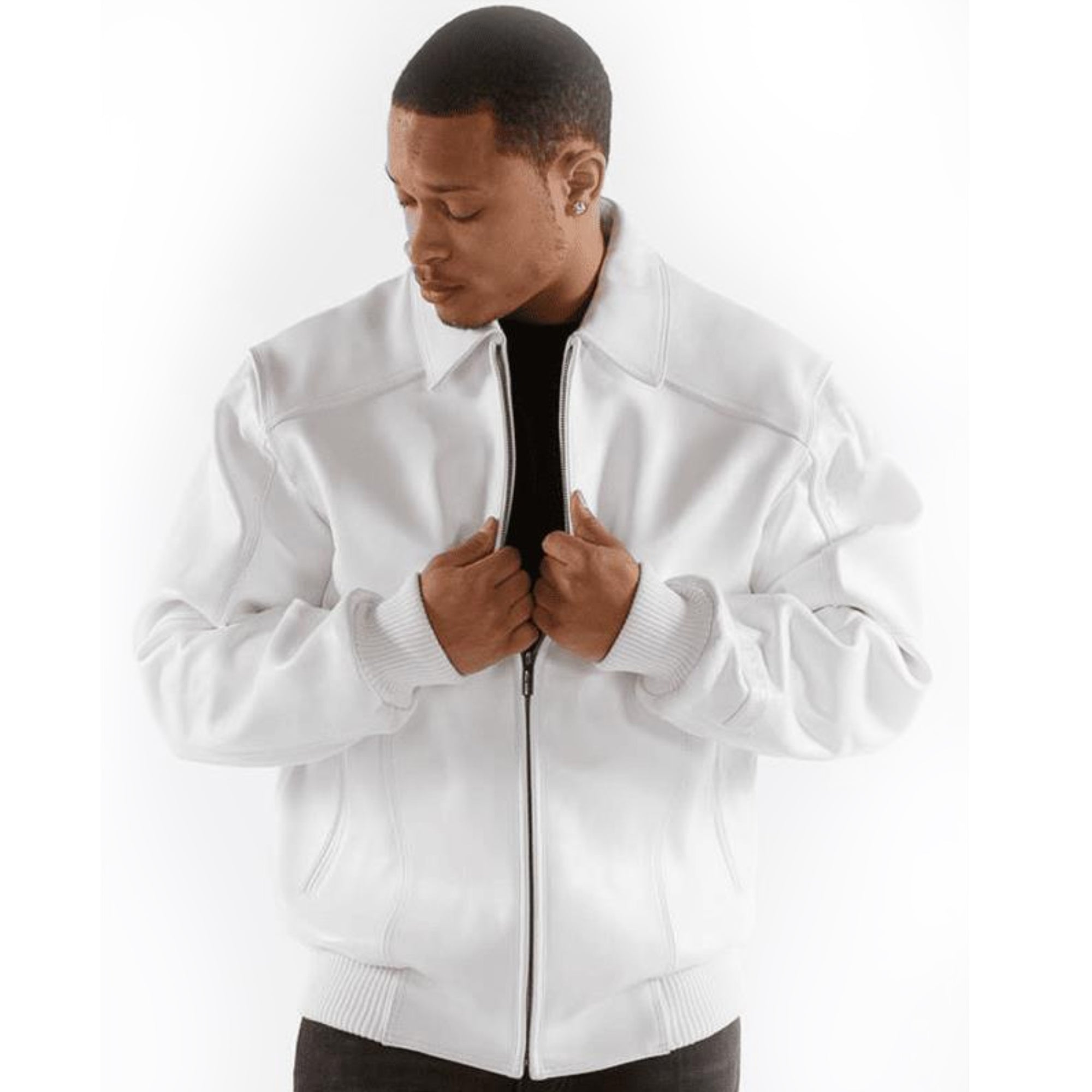 Premium White Pelle Pelle Cowhide Leather Jacket for Men | Stylish Full-Zip Bomber Design with Ribbed Cuffs & Collar