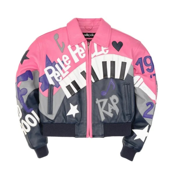 Retro Pink & Navy Music-Themed Cowhide Leather Jacket for Women – Limited Edition Pelle Pelle Style