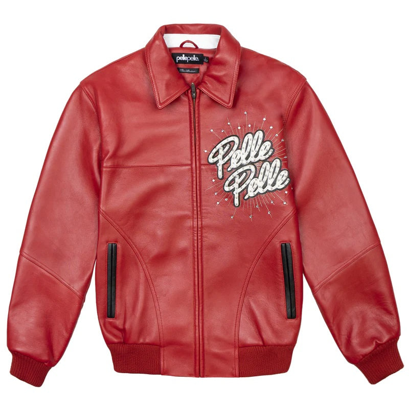 Men’s Red Pelle Pelle Leather Jacket – Premium Cowhide with Embroidered Logo