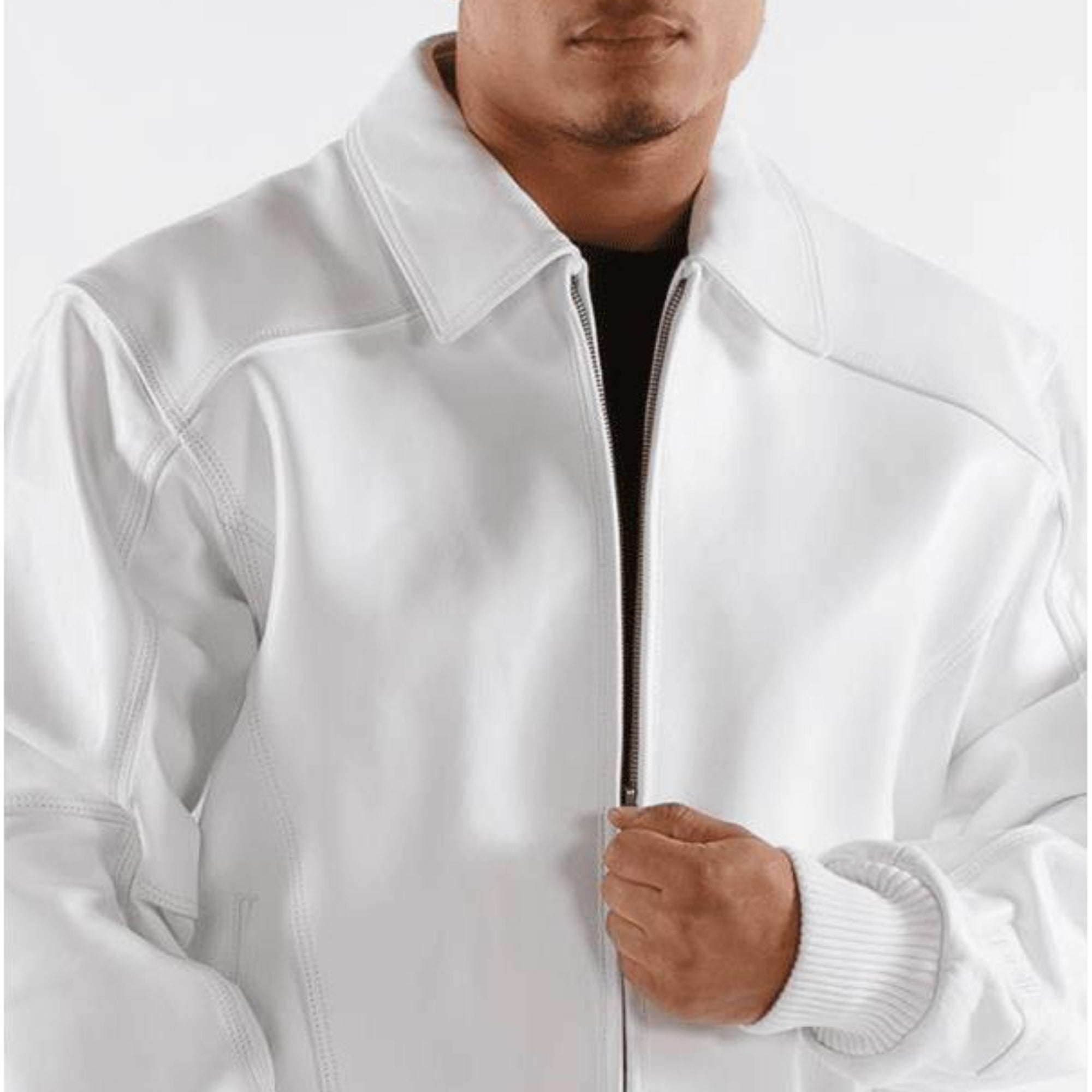 Premium White Pelle Pelle Cowhide Leather Jacket for Men | Stylish Full-Zip Bomber Design with Ribbed Cuffs & Collar