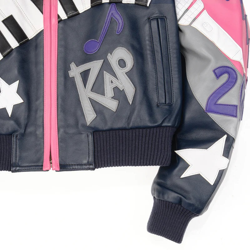 Retro Pink & Navy Music-Themed Cowhide Leather Jacket for Women – Limited Edition Pelle Pelle Style