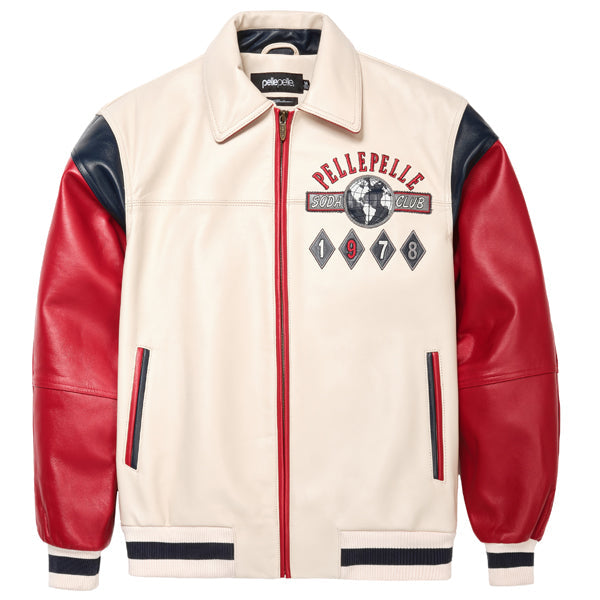 Pelle Pelle Soda Club 1978 Cowhide Leather Jacket for Men – Red, Navy & Cream Varsity Bomber