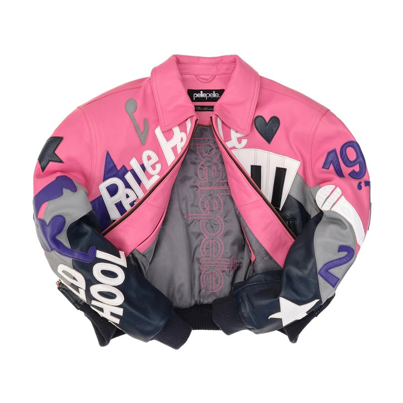 Retro Pink & Navy Music-Themed Cowhide Leather Jacket for Women – Limited Edition Pelle Pelle Style - Leather taboo
