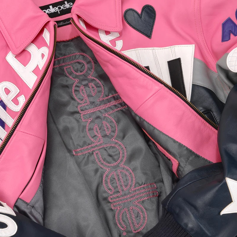 Retro Pink & Navy Music-Themed Cowhide Leather Jacket for Women – Limited Edition Pelle Pelle Style - Leather taboo