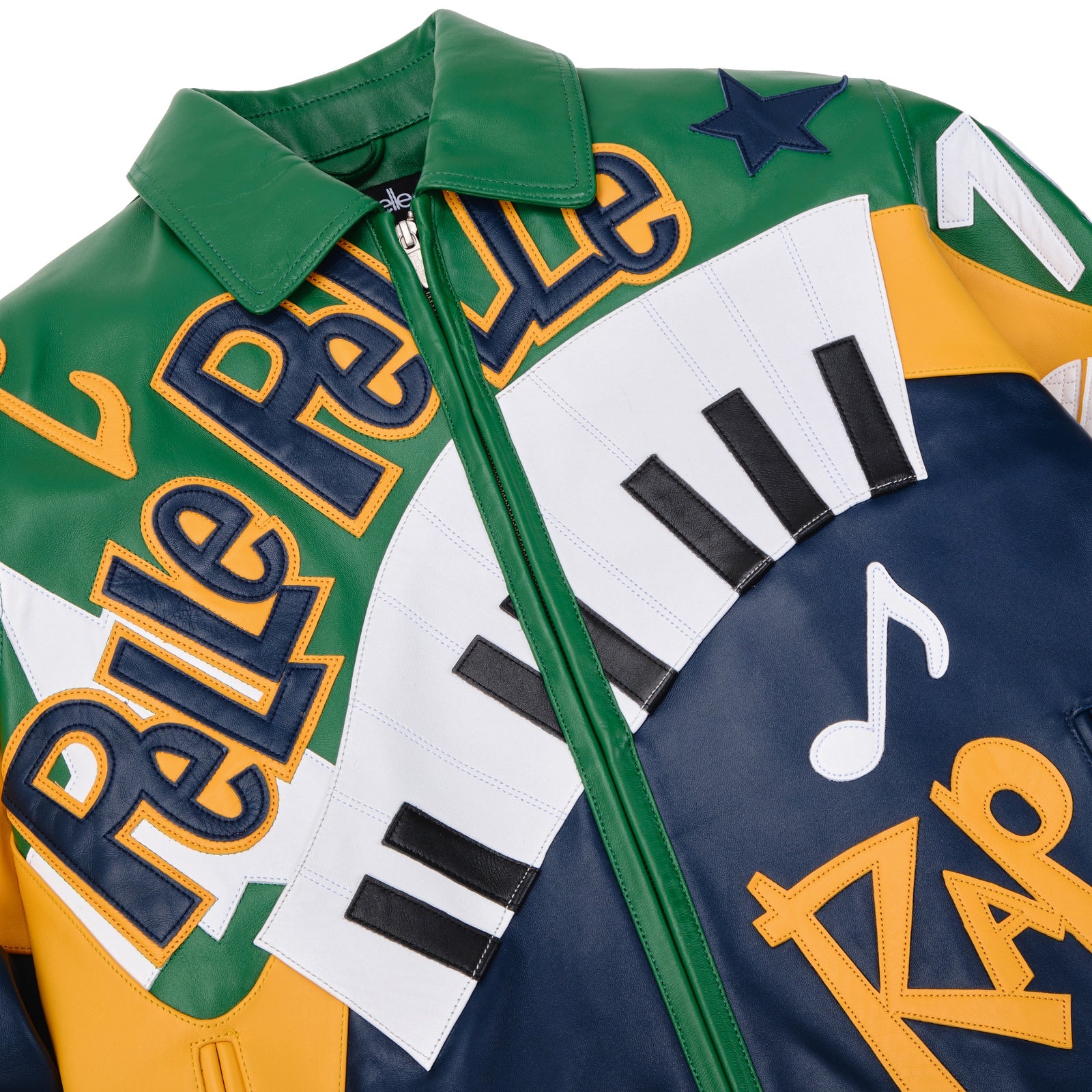 Men’s Pelle Pelle 50 Years of Hip Hop Jacket – Premium Cowhide Leather Bomber in Green & Navy with Bold Rap-Inspired Graphics