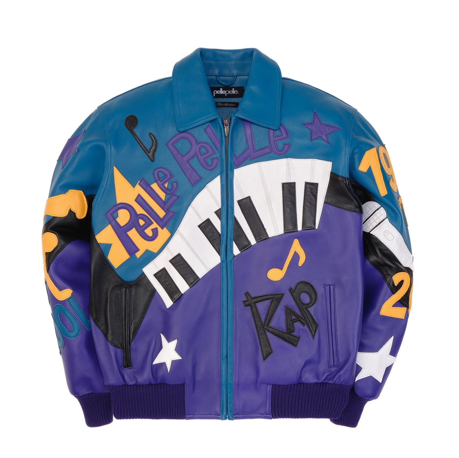 Men’s Pelle Pelle 50 Years of Hip Hop Leather Jacket – Purple & Blue Cowhide Bomber with Bold Music Graphics