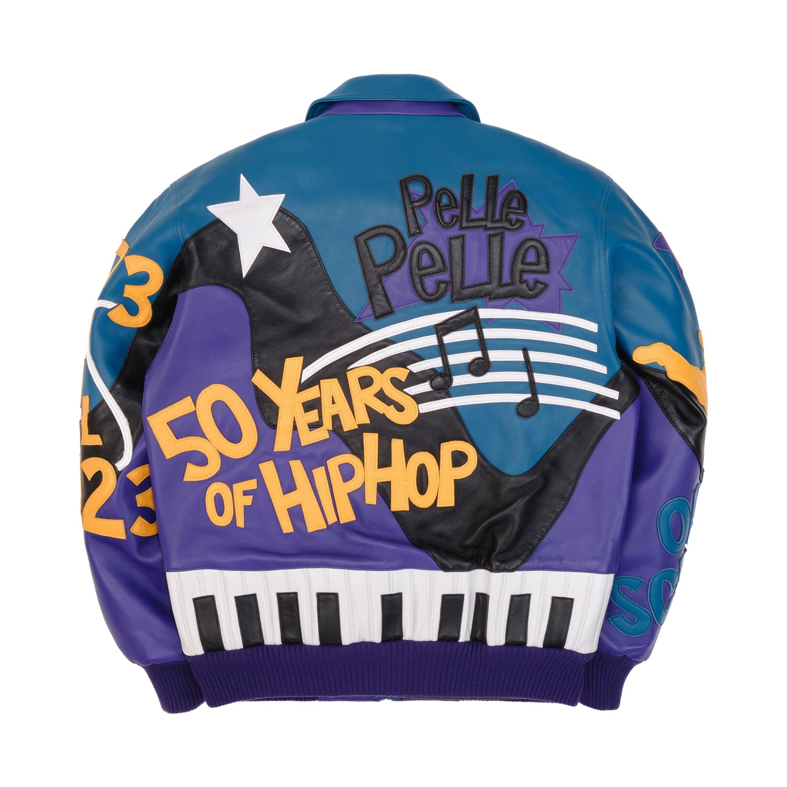 Men’s Pelle Pelle 50 Years of Hip Hop Leather Jacket – Purple & Blue Cowhide Bomber with Bold Music Graphics