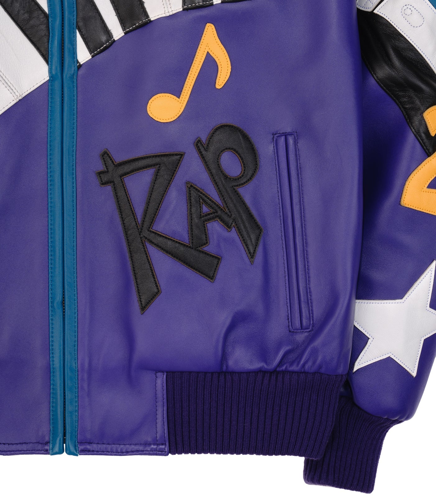 Men’s Pelle Pelle 50 Years of Hip Hop Leather Jacket – Purple & Blue Cowhide Bomber with Bold Music Graphics