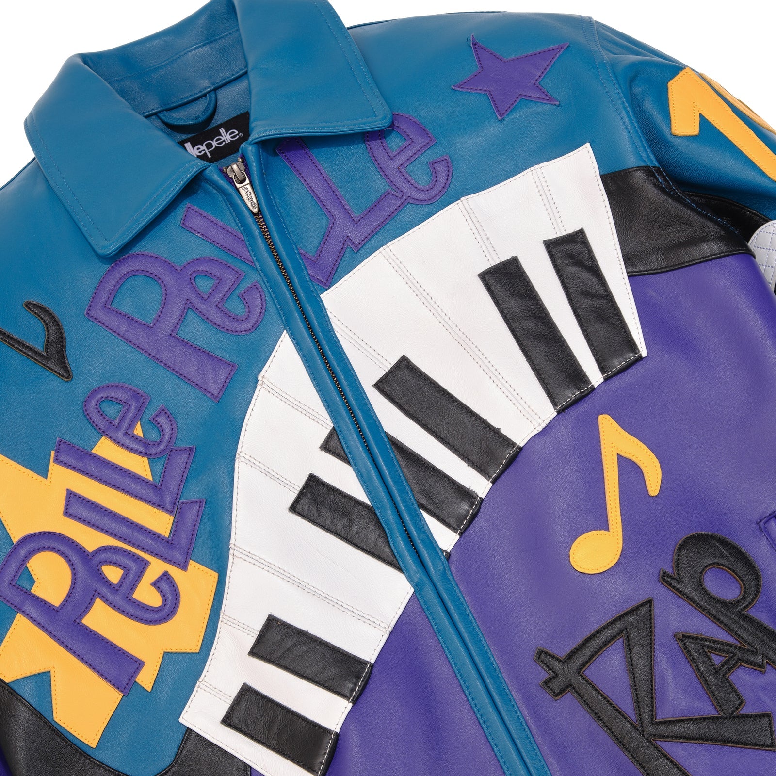 Men’s Pelle Pelle 50 Years of Hip Hop Leather Jacket – Purple & Blue Cowhide Bomber with Bold Music Graphics