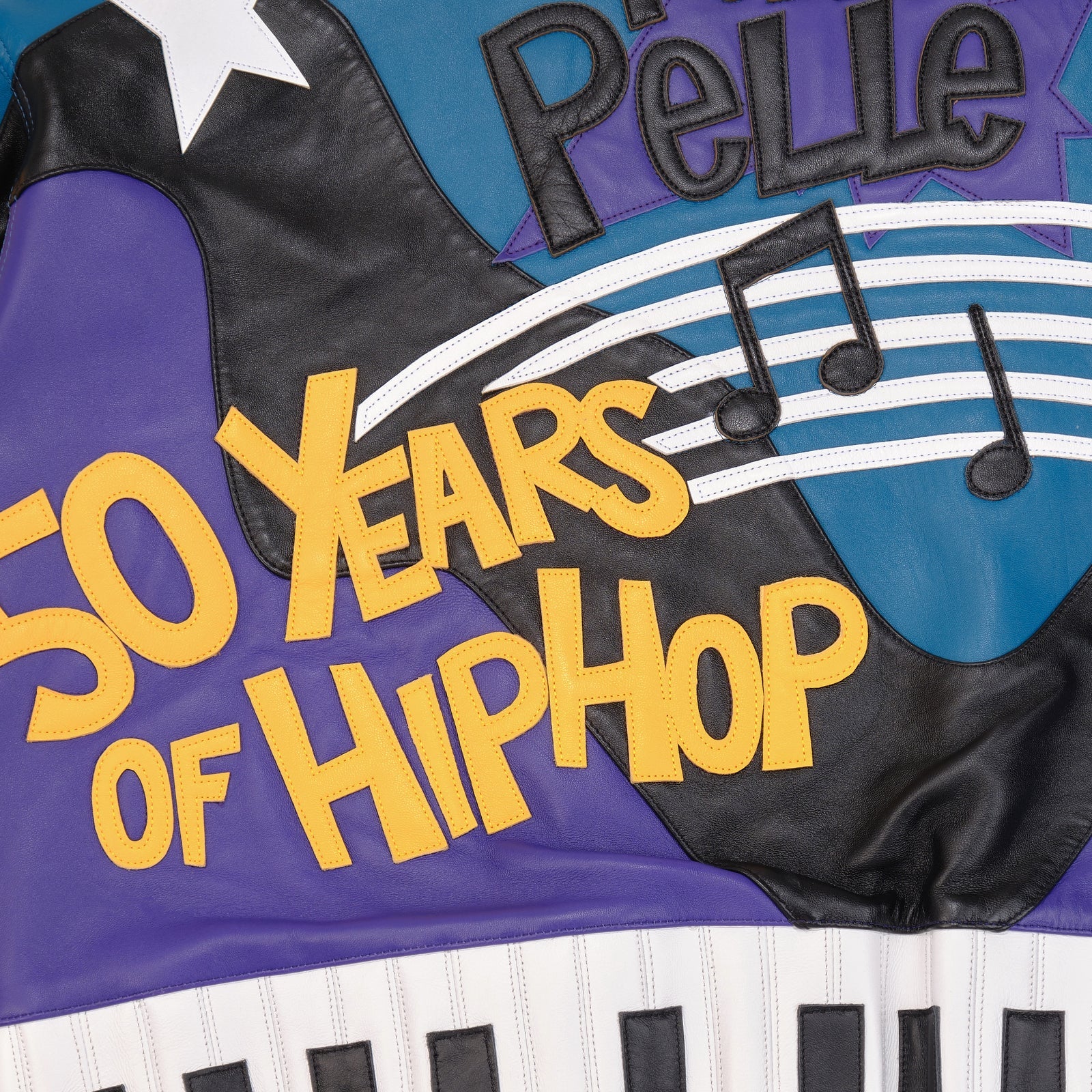 Men’s Pelle Pelle 50 Years of Hip Hop Leather Jacket – Purple & Blue Cowhide Bomber with Bold Music Graphics