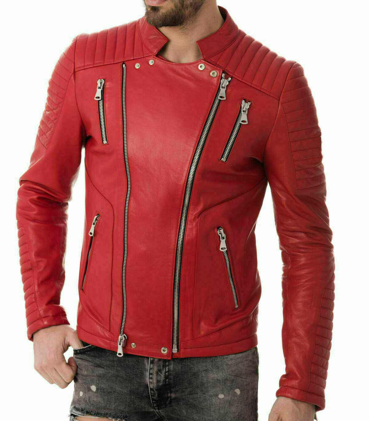 *Mens Davidson Real Leather motorcycle Jacket Biker 100% real Quilted Red Jacket