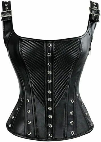 Women Leather bustier Halter Neck Steampunk Vest Black Leather Top Laceup Corset