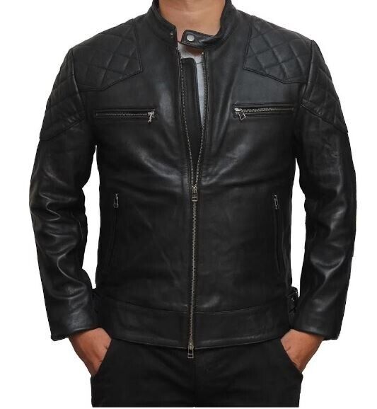 Men Quilted Genuine Leather Jacket Outdoor Soft Padded Casual Leather Jacket