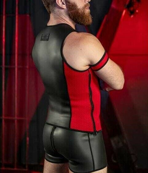 Mens Red & Black Leather Tank top & leather shorts Masculine Leather Zipper Top