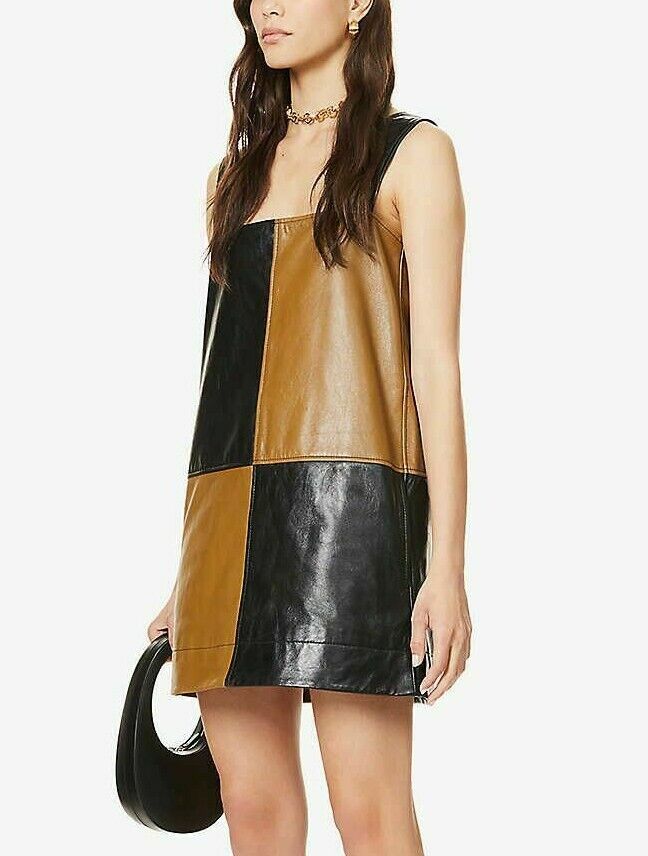 Womens Genuine lamb Leather minidress Checked color-block Square Neck wide Strap