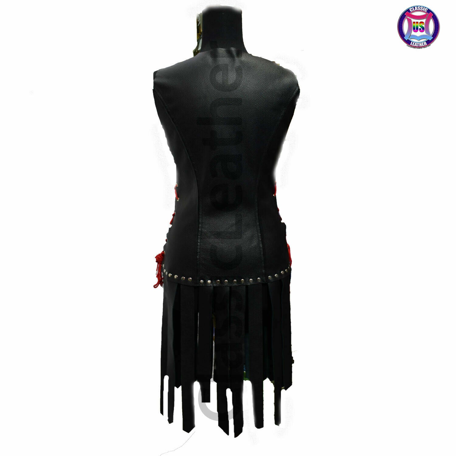 *Women Black gothic dress Leather Steampunk Costume long sleeves Red Lacing Top