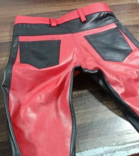 Men's Real Leather Pants Bikers 5 Pockets Levi's Style Jeans BLUF Red Gay pants