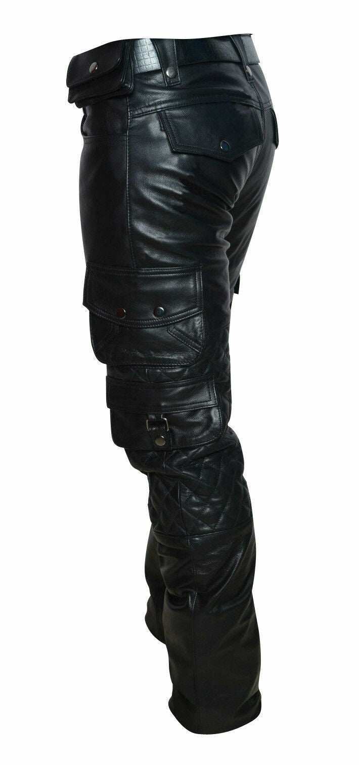 Men's Real Leather Bikers Pants Quilted Leather Cargo Pants Military fit trouser