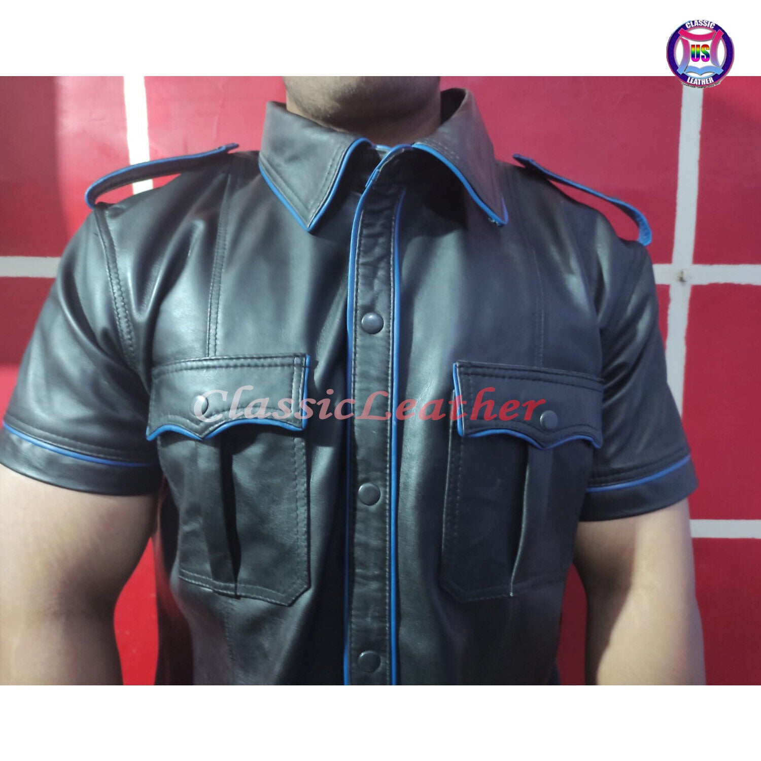 Gay Club Leather Shirt Black Shirt & Blue Pippin T-Shirt Clubwear Casual Jacket 