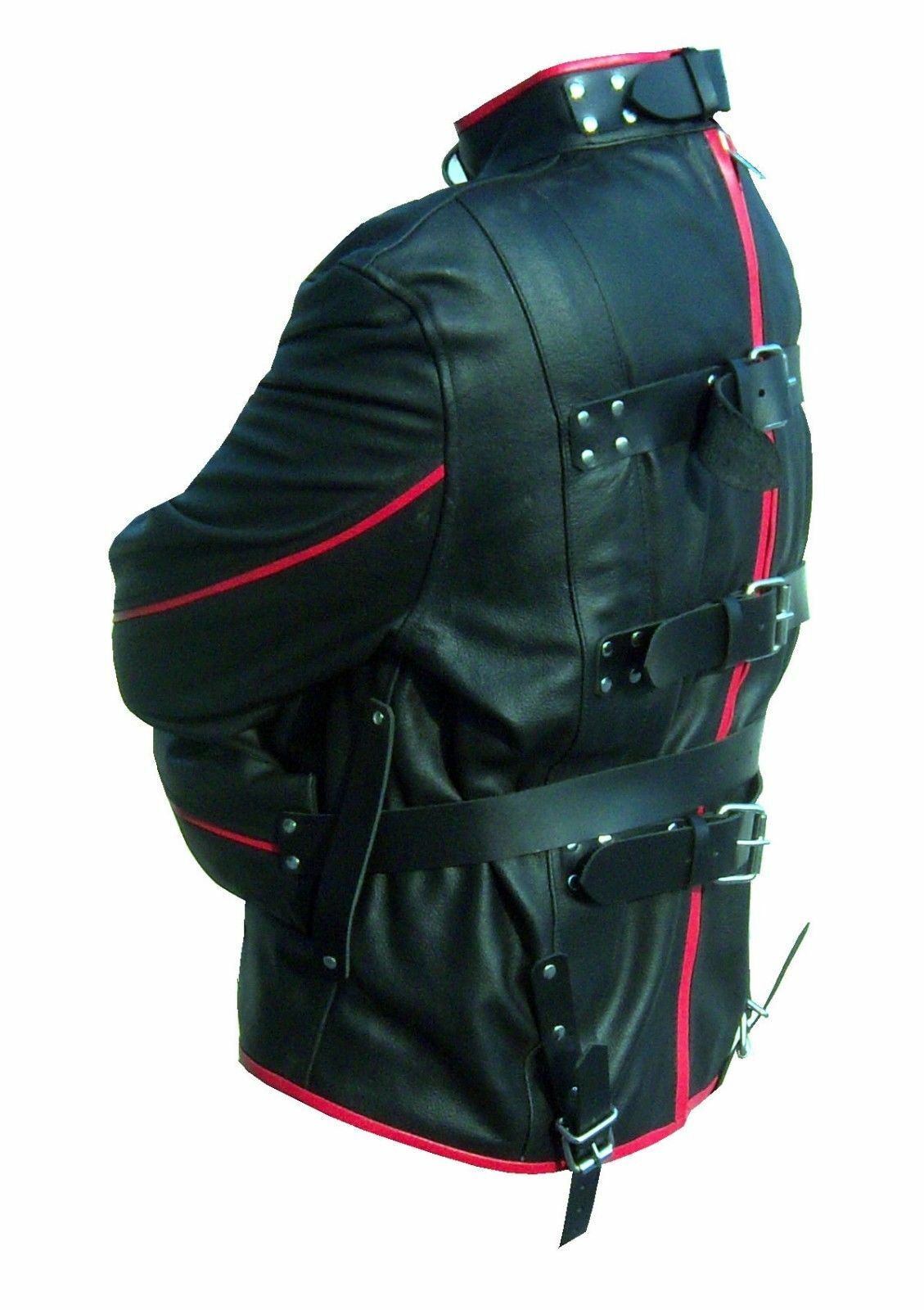 Men Black Leather Straight Jacket Red Piping Dress Asylum restraint bodysuit