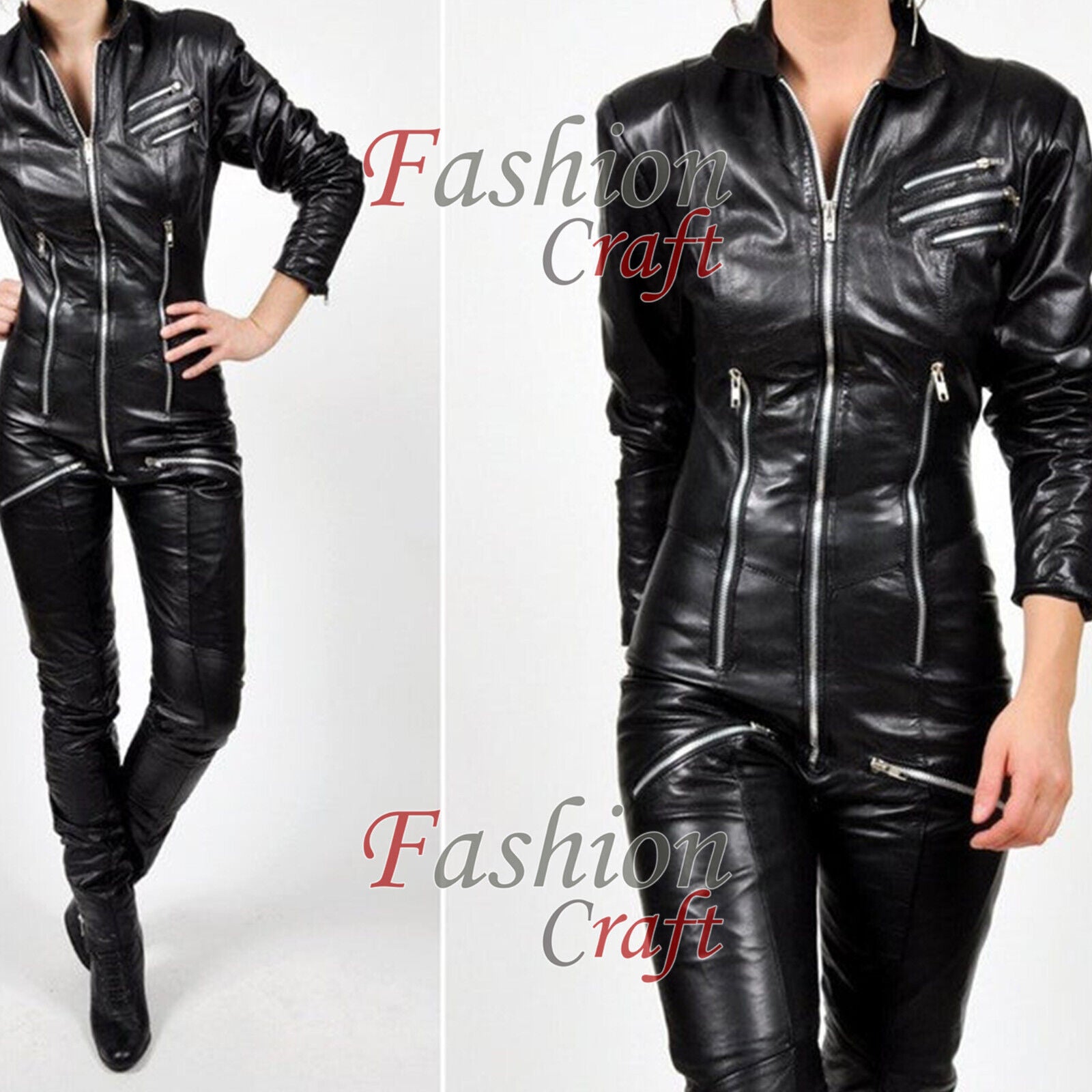 Real Black Sheep leather catsuit for women jumpsuit zipper sexy dress Leather Fe