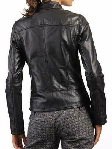 New Women Genuine Real Leather Jacket Motorcycle Black Slim Fit Biker Jacket