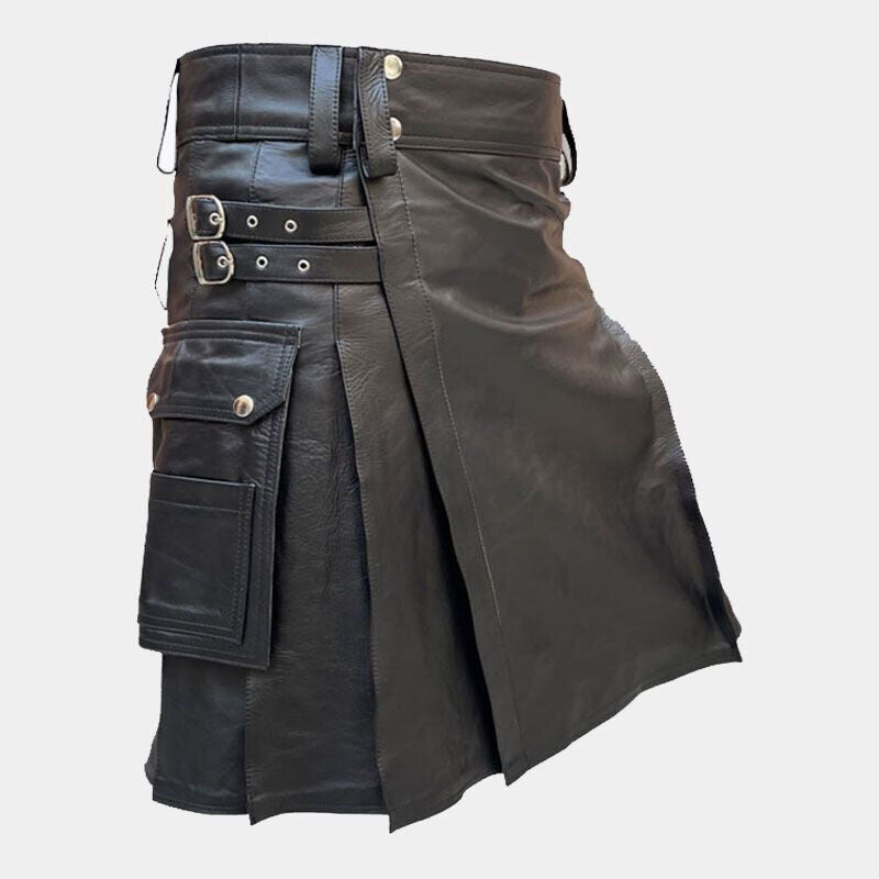 Men s Black Punk Style Utility Leather Kilt | Solid pleated Buckle Straps|Genuin