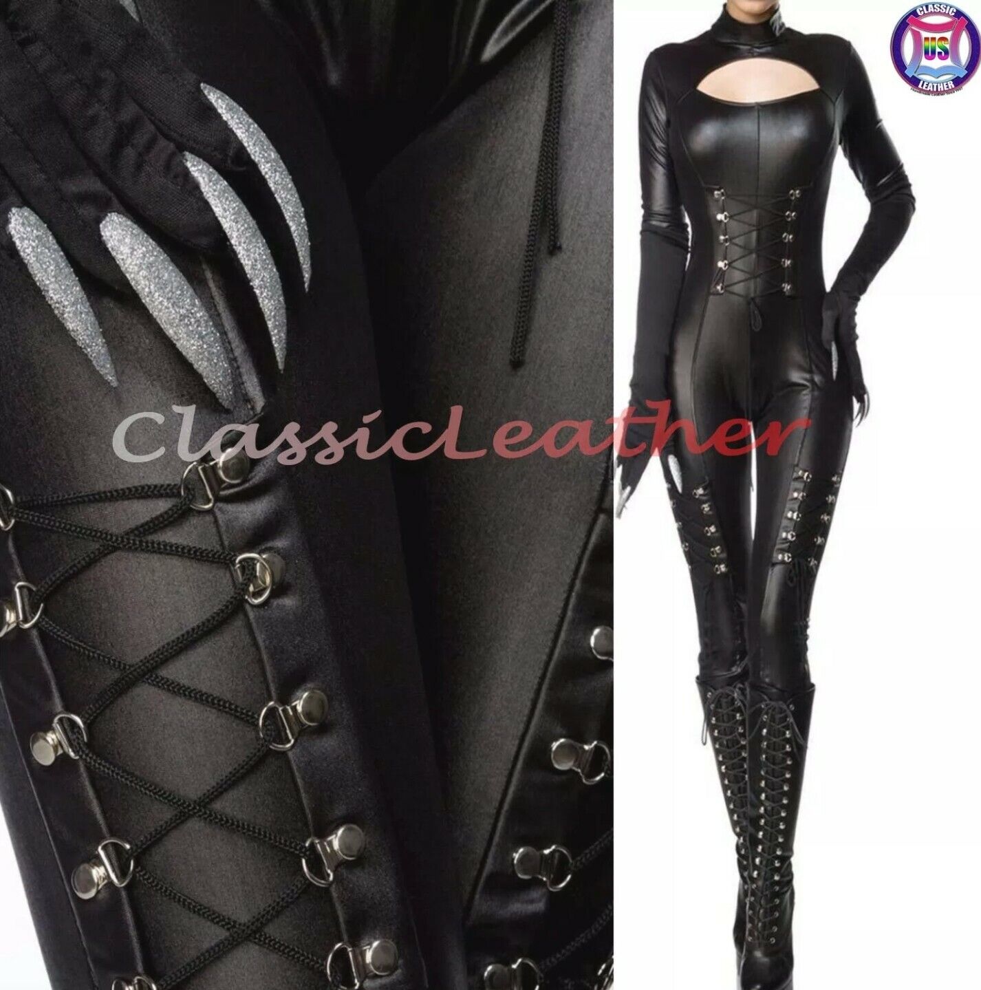 Women Black Leather Jumpsuit Sexy Clubwear Catsuit Slim fit fashion gothic Dress