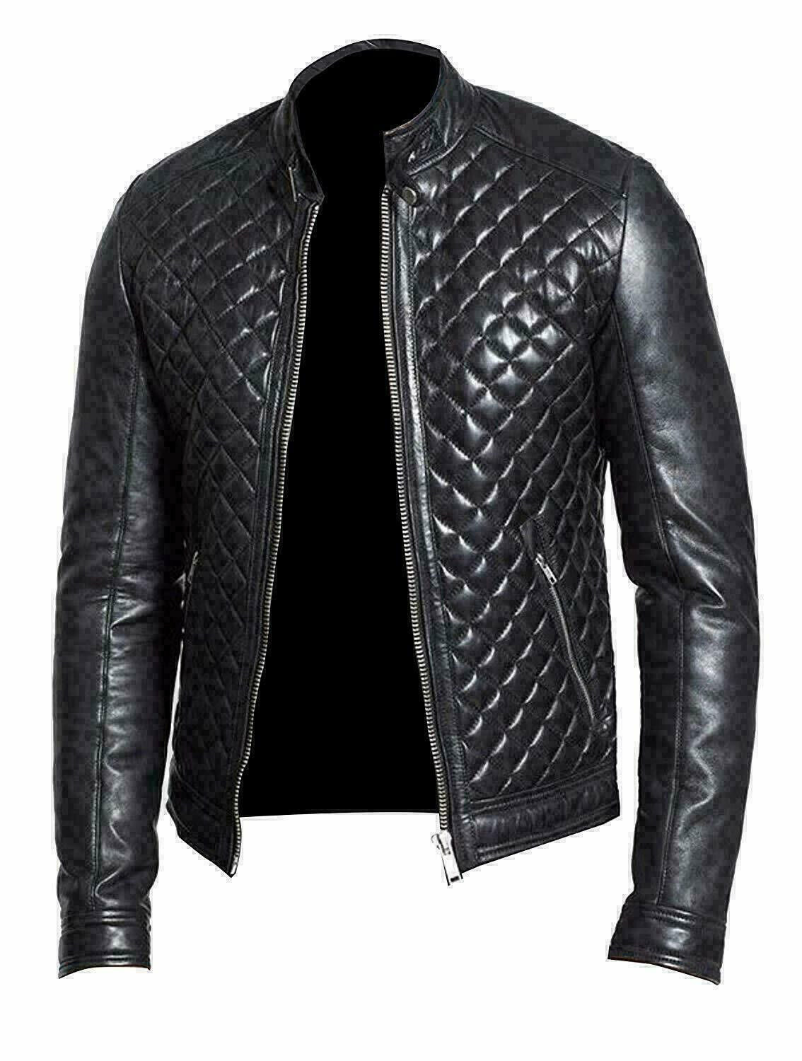 Motorcycle Genuine Leather Jacket Men's Bomber Quilted Biker Cafe Racer Black