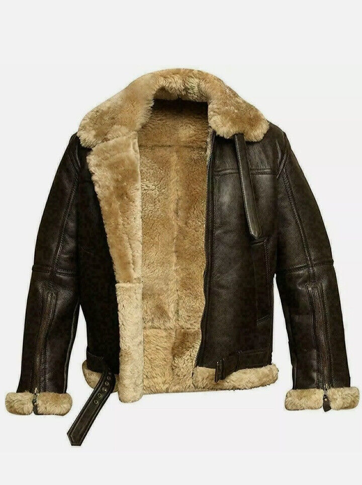 Fashion_First Mens B3 RAF Aviator Flight Pilot Flying Bomber Fur Shearling Belte