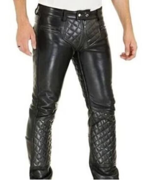 *Quilted Real Leather Bikers Pant Black Fly Zipper Design Soft  Motorcycle Pant