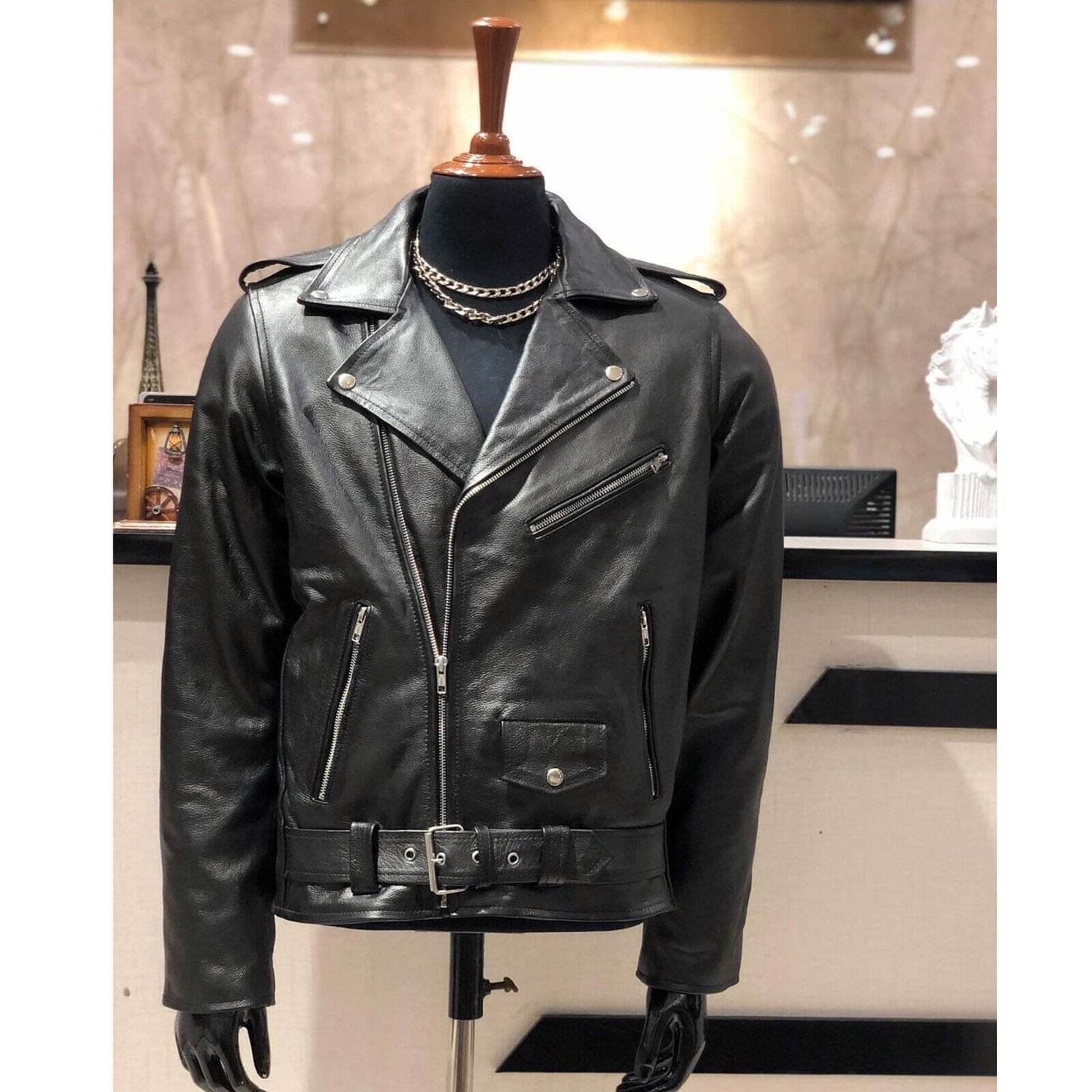 Leather Brando Motorbike Jacket Marlon Biker Motorcycle With Genuine Cow Leathe