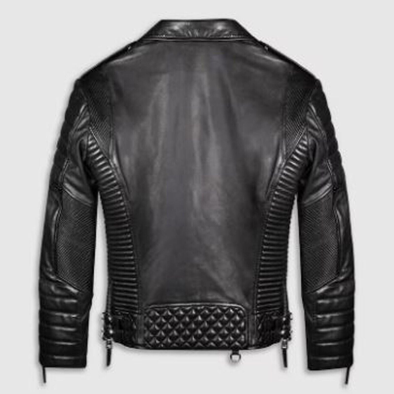 Quilted  Men Black Genuine Leather Jacket Outdoor Sleeves & Shoulder Soft Padded