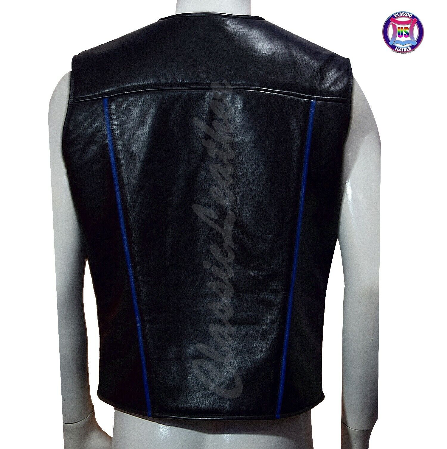 Mens leather waistcoat gay vest black bluf sleeveless Zipper jacket blue piping