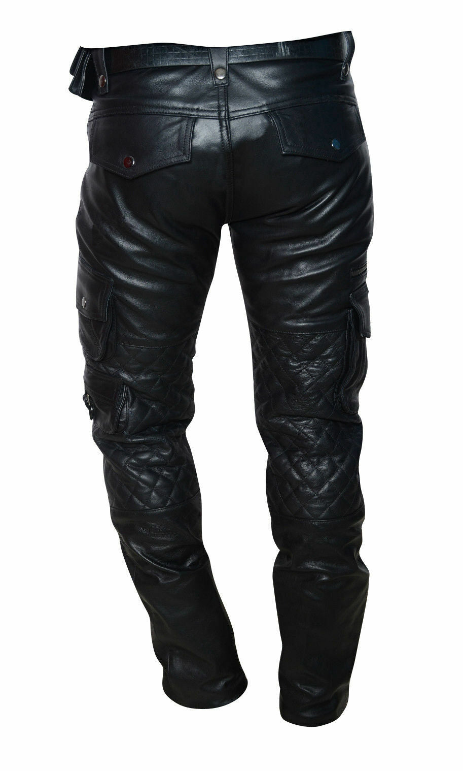 Men's Real Leather Bikers Pants Quilted Leather Cargo Pants Military fit trouser