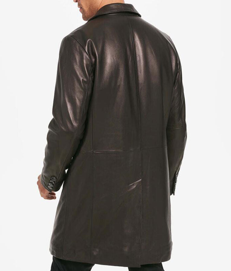 Mens Three Button Notch Collar Leather Top Coat