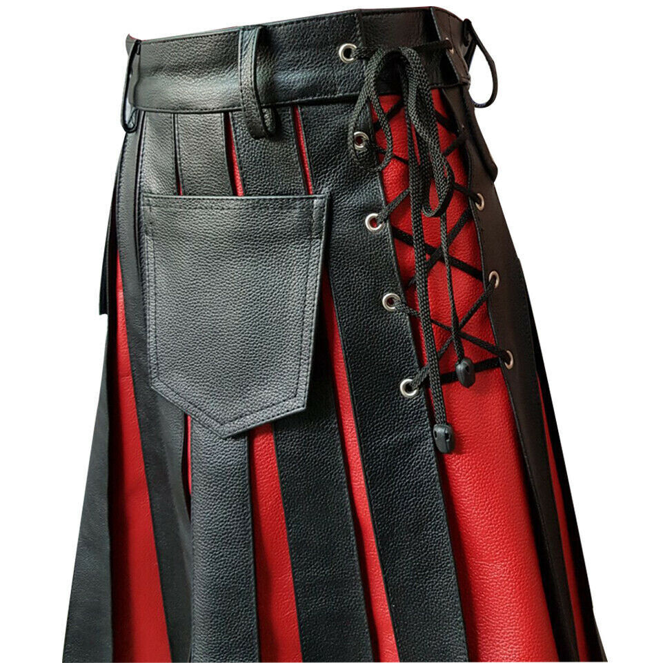 Men Kilt BLACK RED Leather Gladiator Pleated Utility FLAT FRONT Pocket Wrap