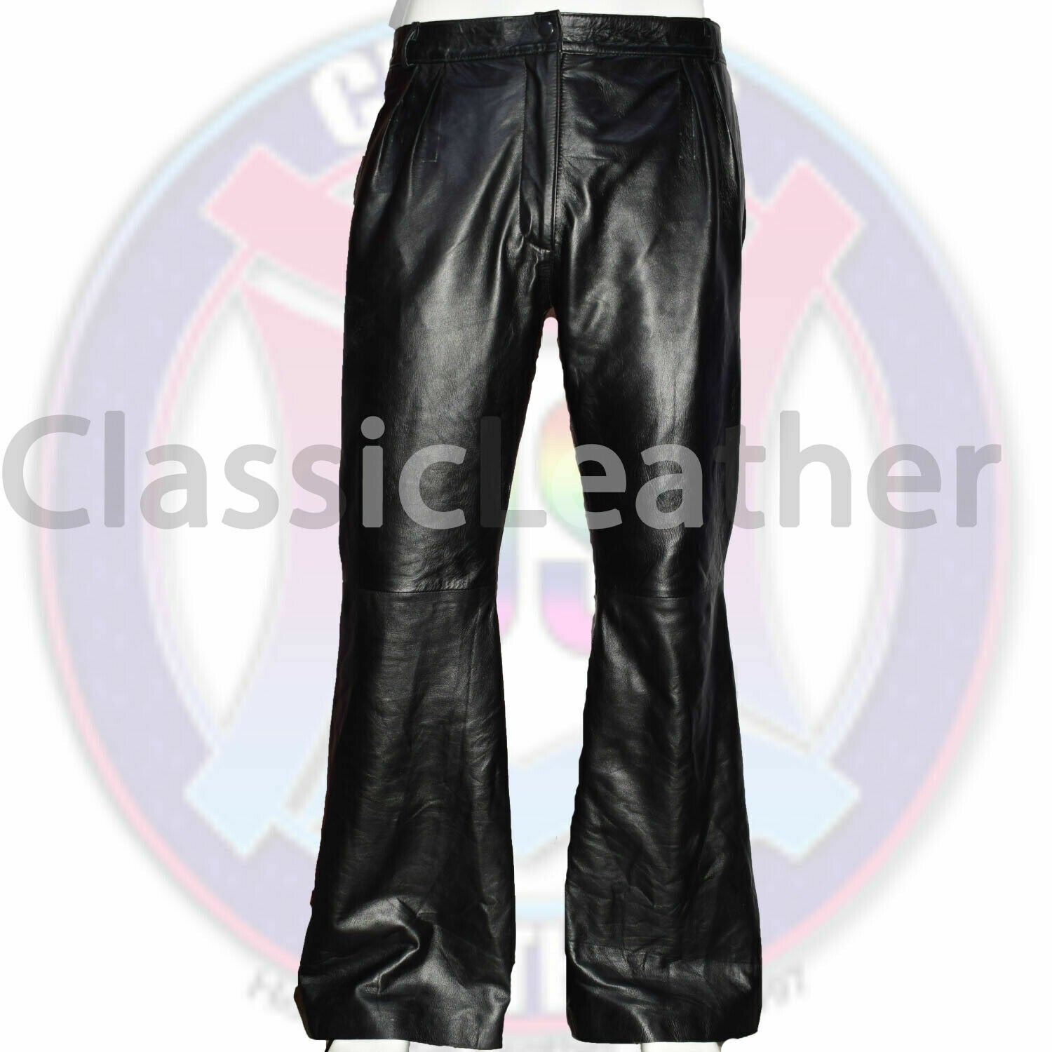 Women Handmade Leather Bell Bottom Pants High Waist Casual Palazzo Style Trouser